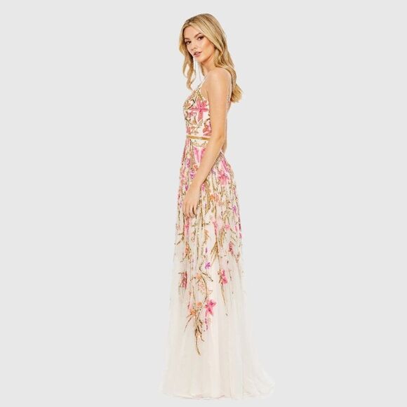 MAC DUGGAL 5671 Beige V Neck Floral Embellished Spaghetti Strap Gown Dress - Picture 3 of 14